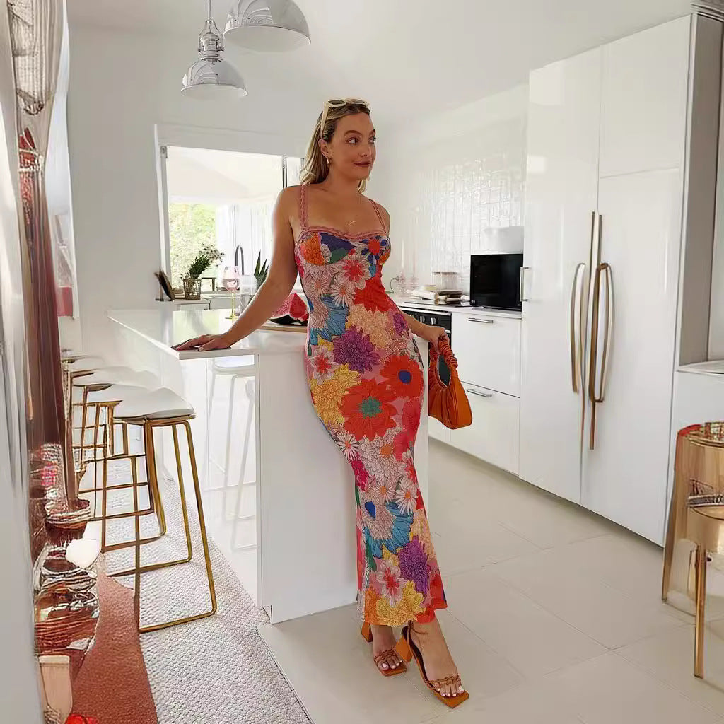 Fashion Casual Off-neck Flower Printing Slip Dress