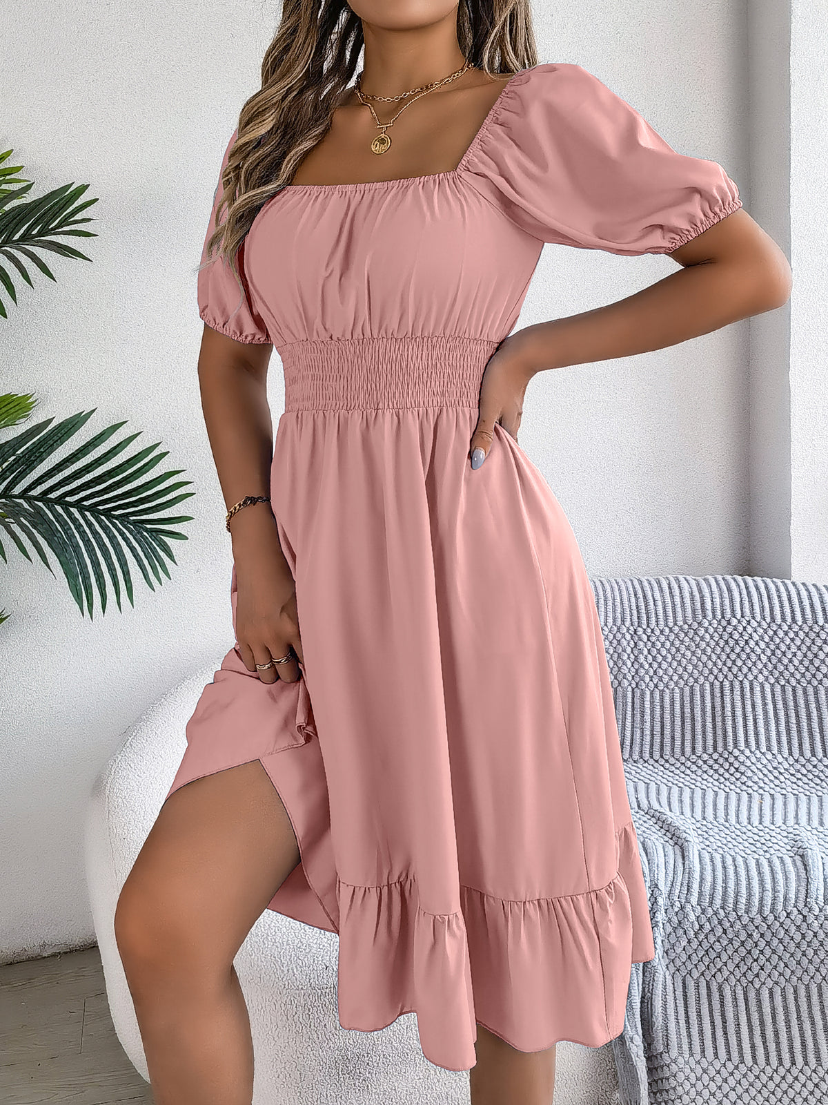 Women's Casual Square Neck Short Sleeve Tie Waist Ruffle A-Line Dress