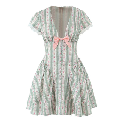 French-style Floral Print Bow-Detailed Striped Lace V-Neck Mini Dress