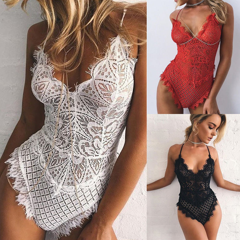 Sling V-neck Back Lace Hollow Sexy Jumpsuit