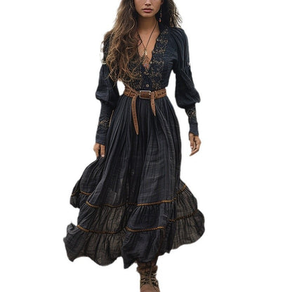 Embroidered Retro V-neck Women's Long Sleeve Dress