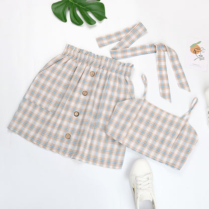 European And American Summer Blue Plaid Skirt Suit