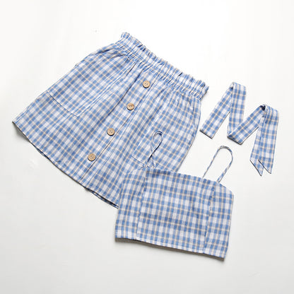 European And American Summer Blue Plaid Skirt Suit
