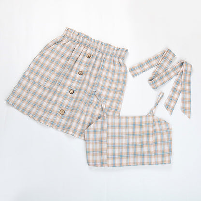 European And American Summer Blue Plaid Skirt Suit