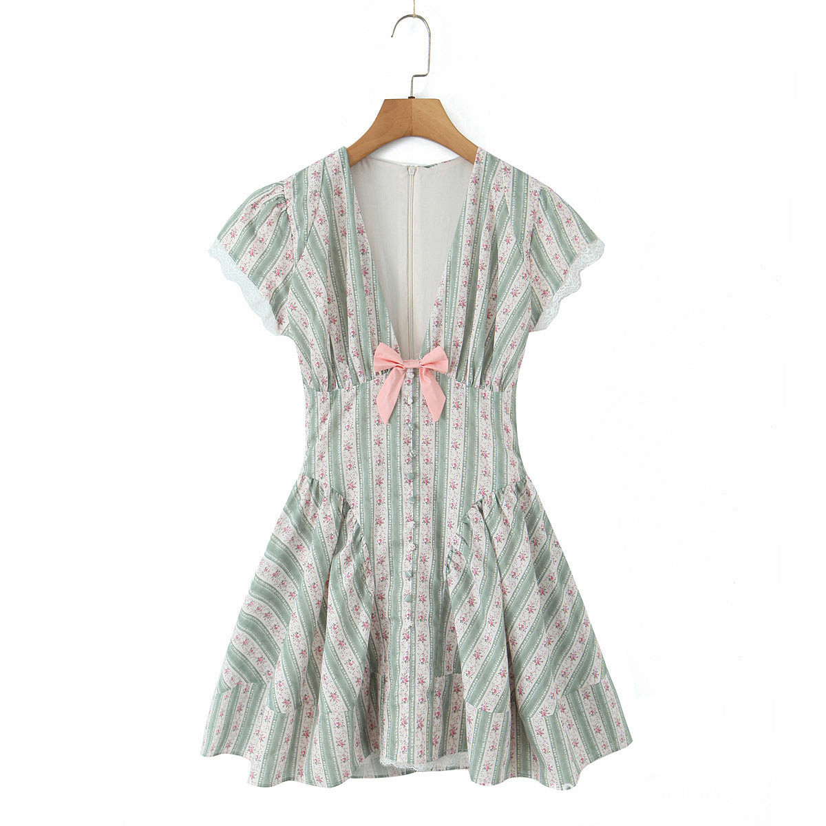 French-style Floral Print Bow-Detailed Striped Lace V-Neck Mini Dress
