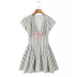 French-style Floral Print Bow-Detailed Striped Lace V-Neck Mini Dress