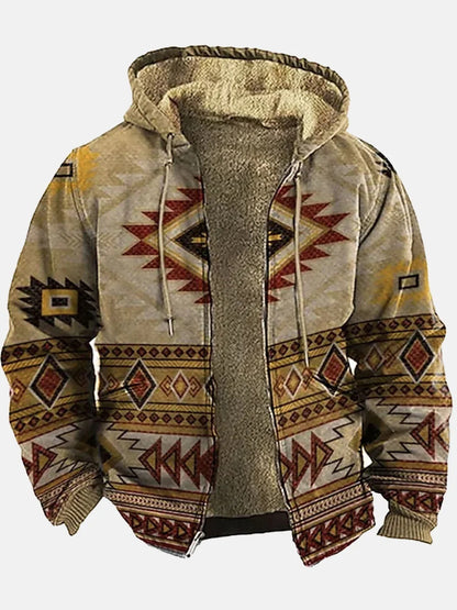 Men's Hooded Plush Printed Long Sleeved Cotton Jacket