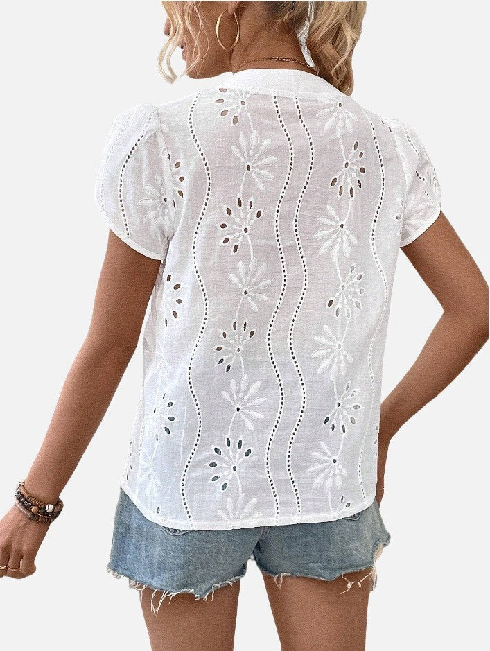 Women's Solid Color Hollow Embroidered Top