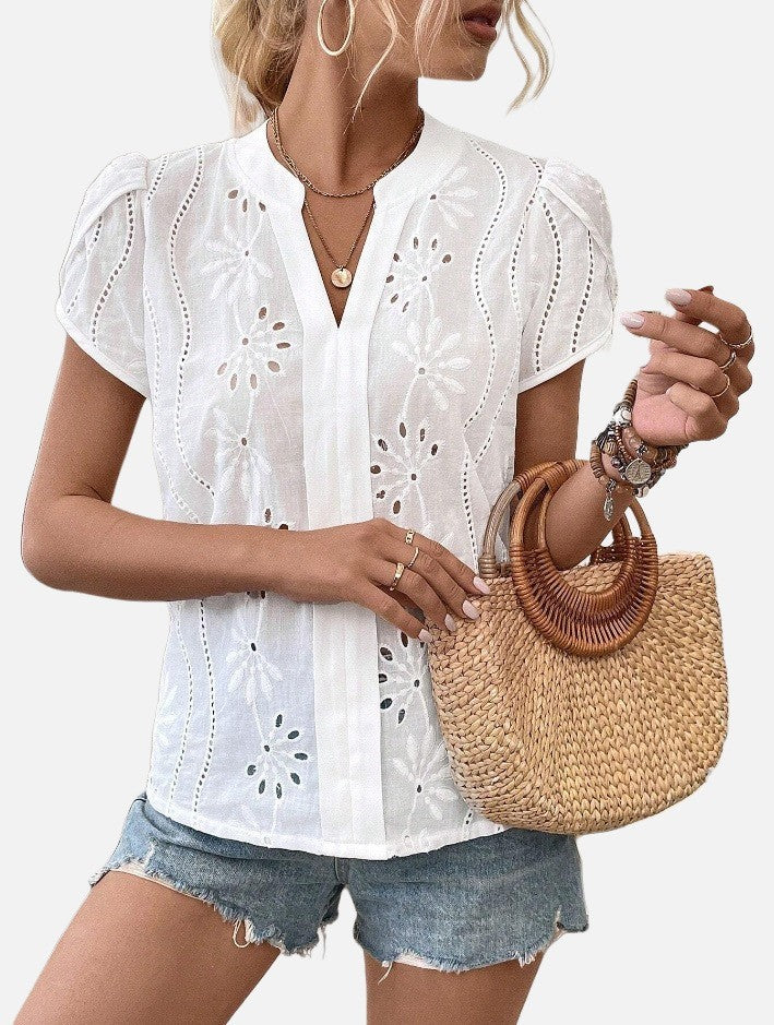 Women's Solid Color Hollow Embroidered Top