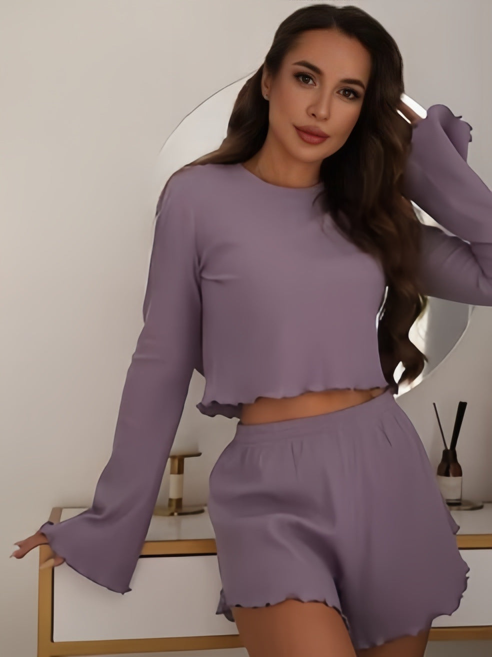 AutumnWinter Crew-Neck Pajama Two-Piece Set Womens Loungewear
