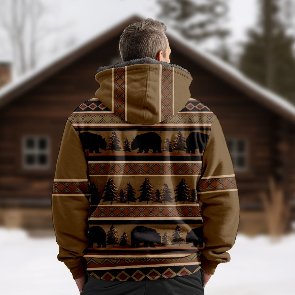 Men's Hooded Plush Printed Long Sleeved Cotton Jacket