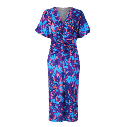 Puffed Short Sleeve Dress Summer Floral Printed V-neck Skinny Dresses