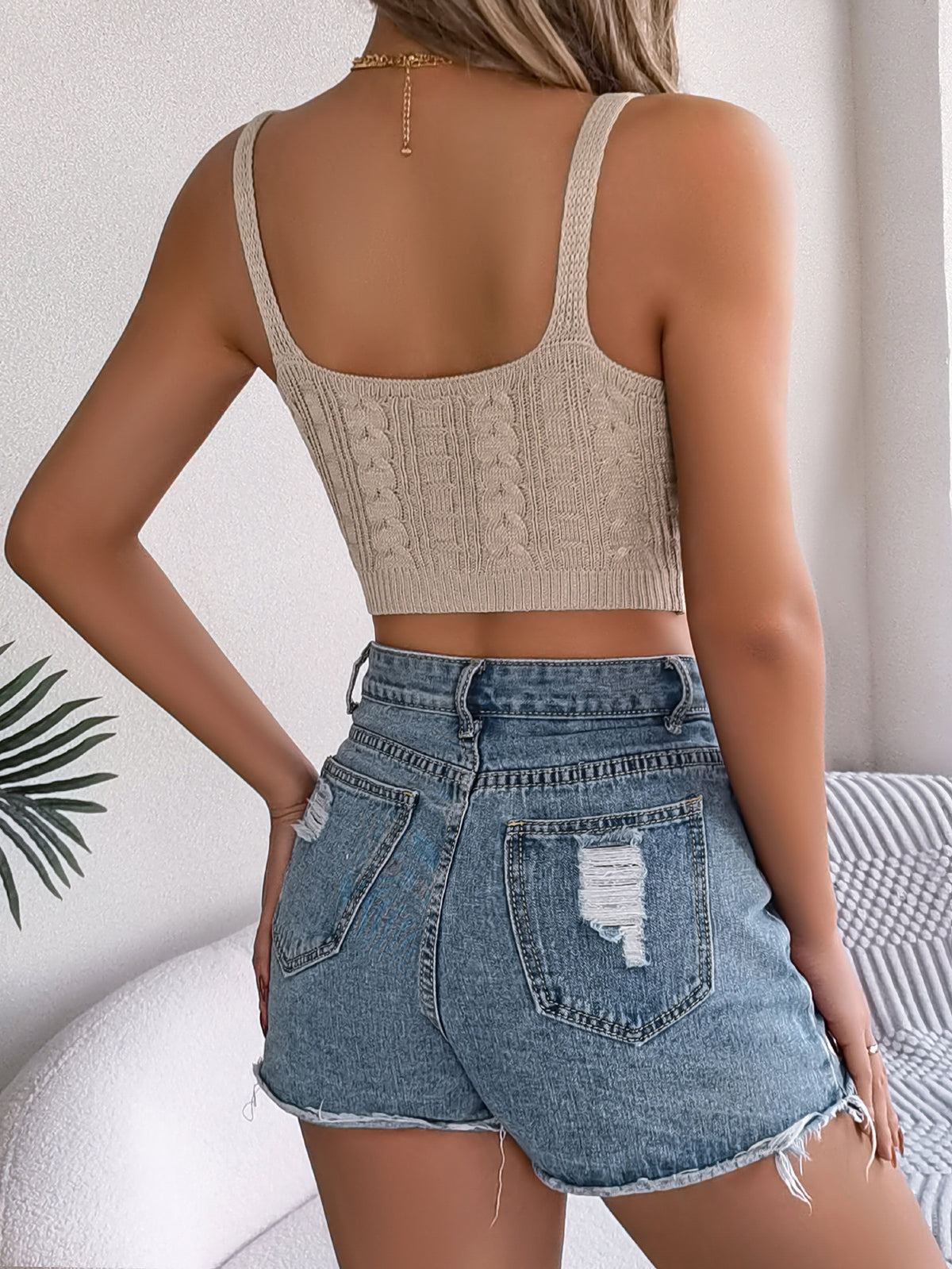 Women   Solid Color V-Neck Cable Knit Cropped Vacation Top