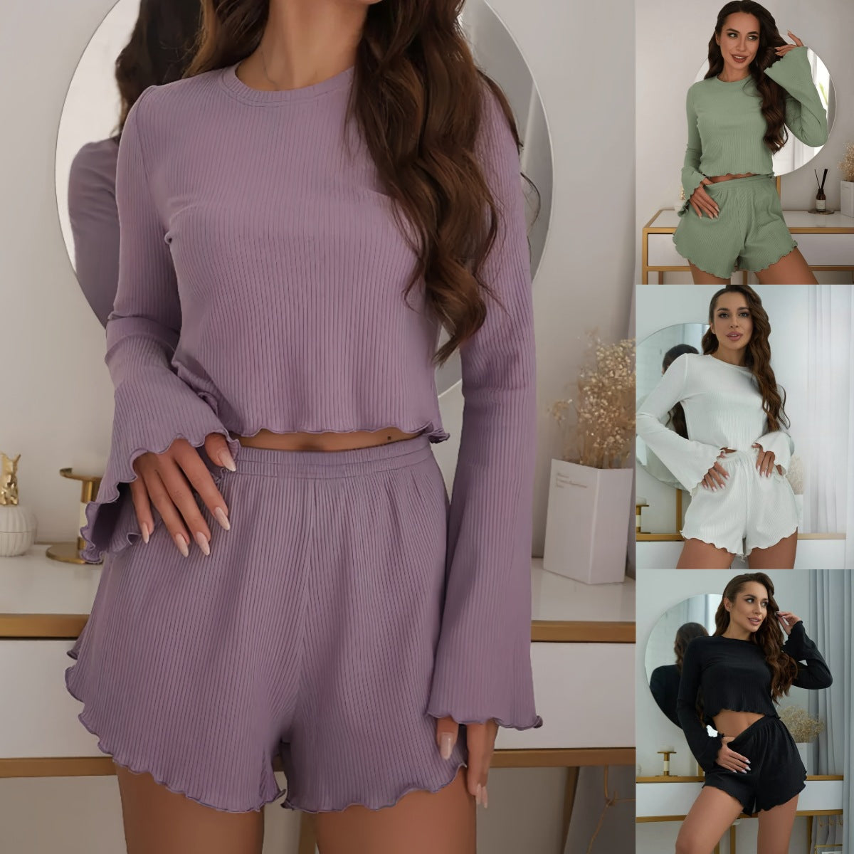AutumnWinter Crew-Neck Pajama Two-Piece Set Womens Loungewear