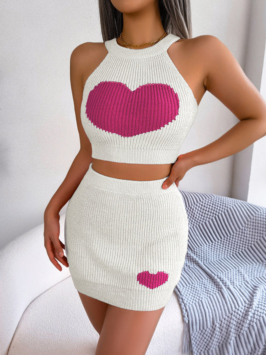 Women  Casual Color Block Heart Cropped Top & Bodycon Skirt Knit Set