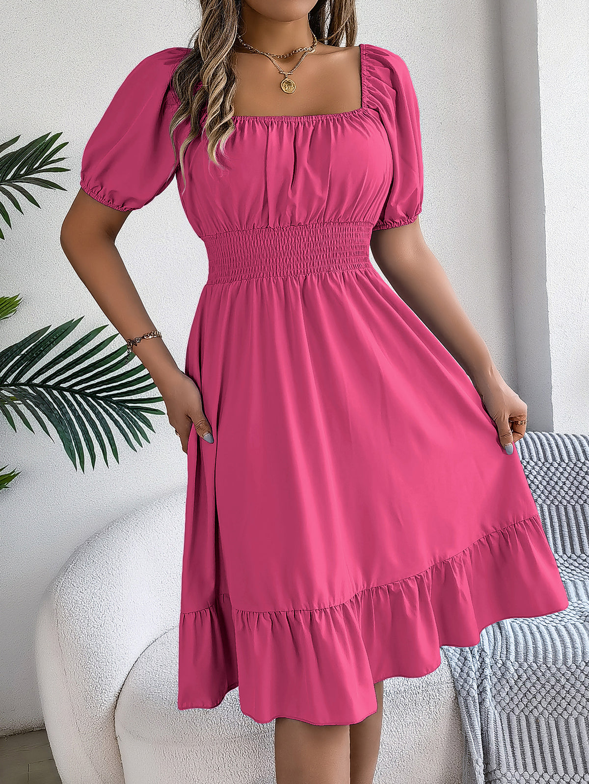 Women's Casual Square Neck Short Sleeve Tie Waist Ruffle A-Line Dress