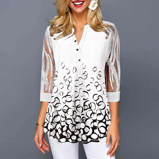 Lace mid- and long-sleeved printed shirt