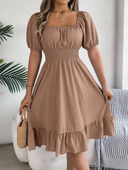 Women's Casual Square Neck Short Sleeve Tie Waist Ruffle A-Line Dress
