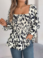 Women's Casual Ruffle Trim Square Neck Leopard Print Long Sleeve Chiffon Top