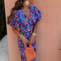 Puffed Short Sleeve Dress Summer Floral Printed V-neck Skinny Dresses