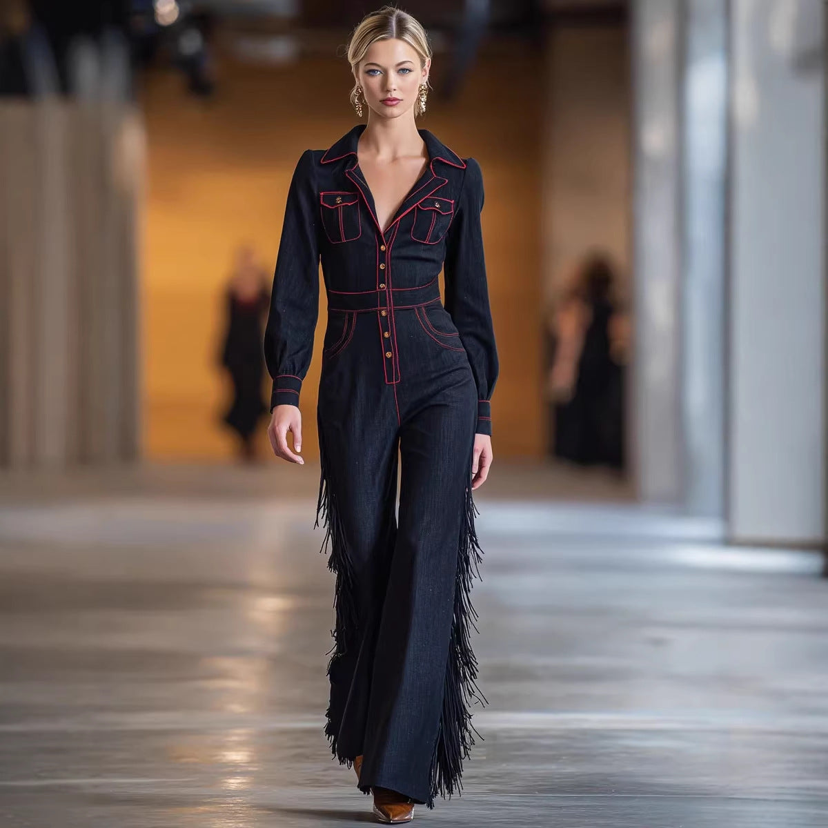 Versatile Long-Sleeve Flared Tassel Jumpsuit