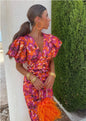 Puffed Short Sleeve Dress Summer Floral Printed V-neck Skinny Dresses
