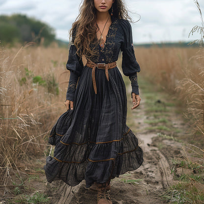 Embroidered Retro V-neck Women's Long Sleeve Dress