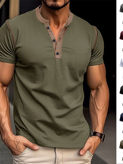 Fashion Short-sleeved Polo Shirt Summer Button V-neck T-shirt Tops Mens Clothing