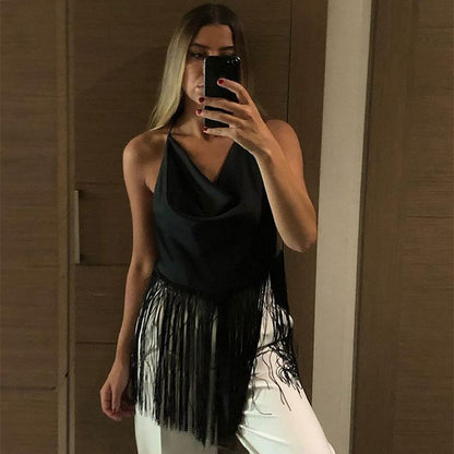 Women's Solid Color Swing Collar Design Tassel Suspender Vest