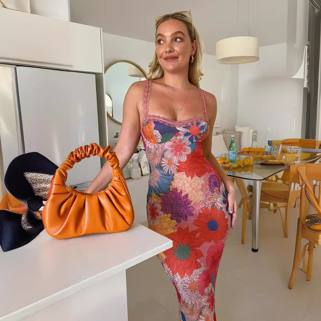 Fashion Casual Off-neck Flower Printing Slip Dress