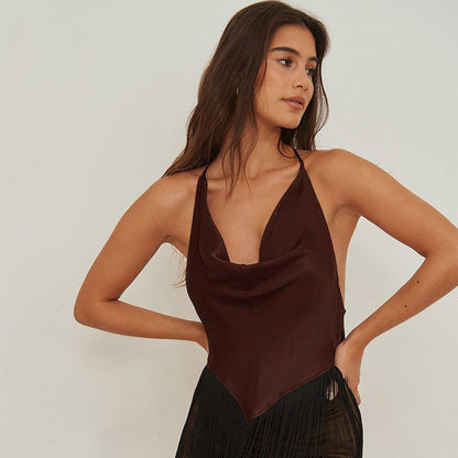 Women's Solid Color Swing Collar Design Tassel Suspender Vest