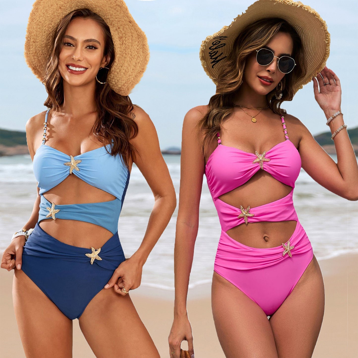 European And American Solid Color Metal Buckle String Beads Cross-border One-piece Swimsuit For Women