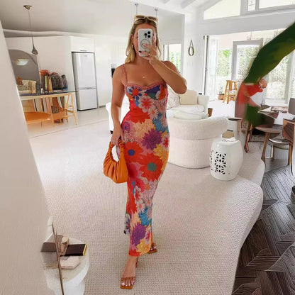 Fashion Casual Off-neck Flower Printing Slip Dress