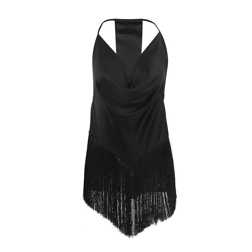 Women's Solid Color Swing Collar Design Tassel Suspender Vest