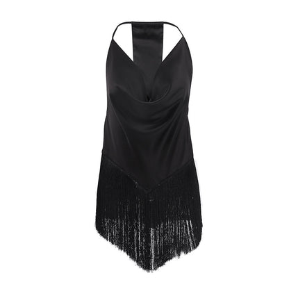Women's Solid Color Swing Collar Design Tassel Suspender Vest