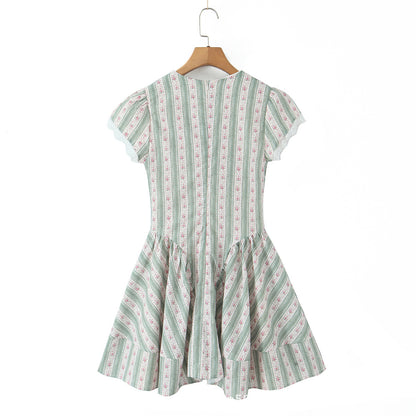 French-style Floral Print Bow-Detailed Striped Lace V-Neck Mini Dress