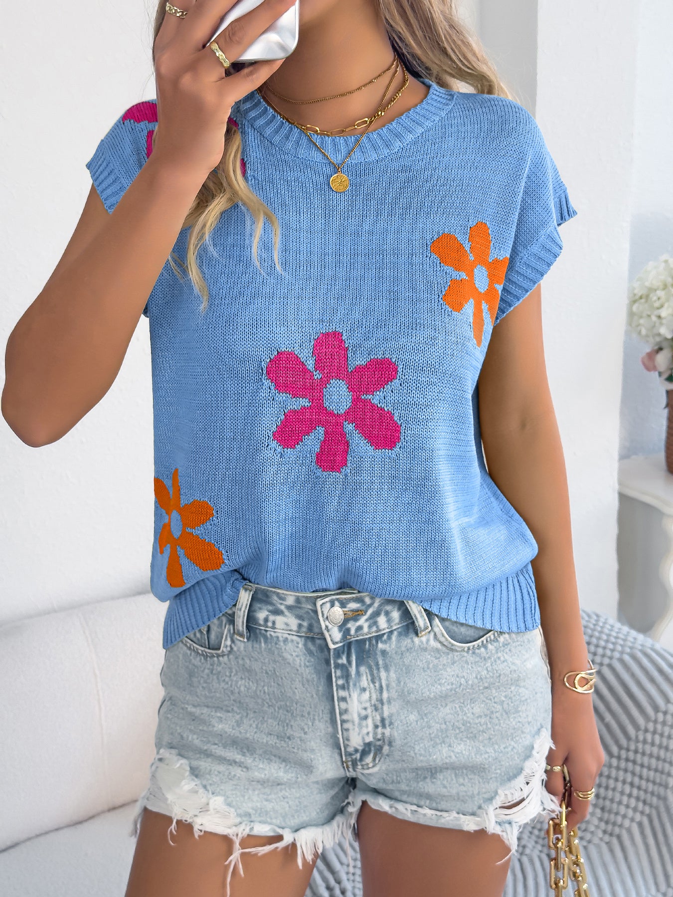 Women  Floral Casual Batwing Sleeve Loose Knit Vacation Top