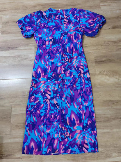 Puffed Short Sleeve Dress Summer Floral Printed V-neck Skinny Dresses