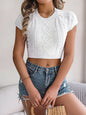 Women   Casual Solid Color Cable Knit Short Sleeve Cropped Vacation Top