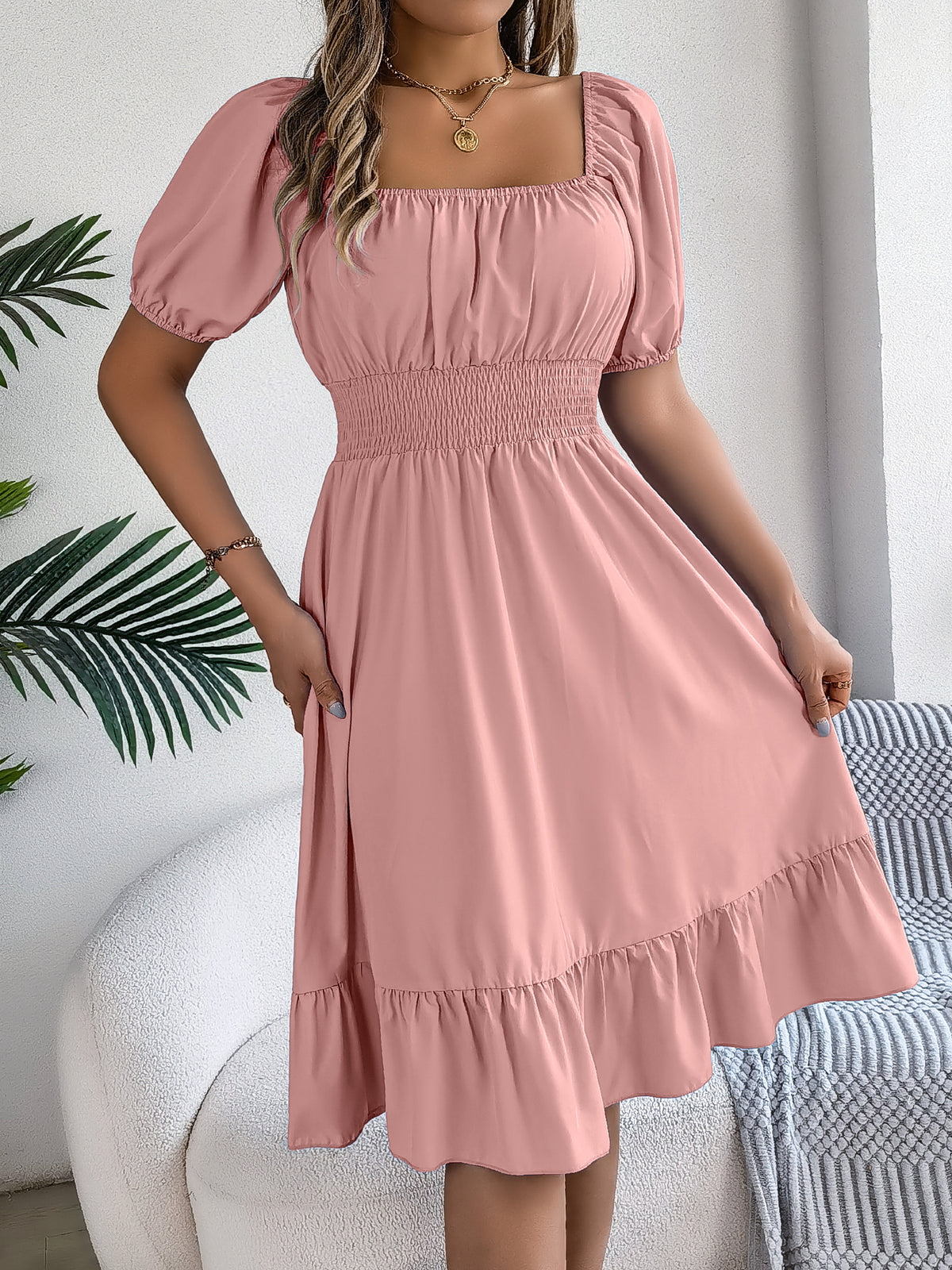 Women's Casual Square Neck Short Sleeve Tie Waist Ruffle A-Line Dress