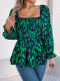 Women's Casual Ruffle Trim Square Neck Leopard Print Long Sleeve Chiffon Top