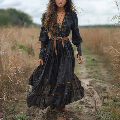 Embroidered Retro V-neck Women's Long Sleeve Dress