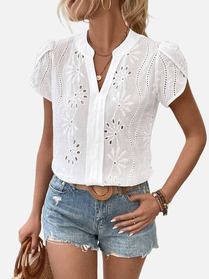 Women's Solid Color Hollow Embroidered Top