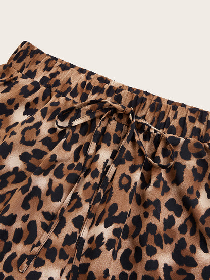 Women's Plus Size Leopard Print Wide Leg Pants - Elastic Waist, Loose Fit Casual Straight Leg Trousers For Spring Summer Fall, Lightweight Polyester Blend, Perfect For Beach Or Outdoor Outings