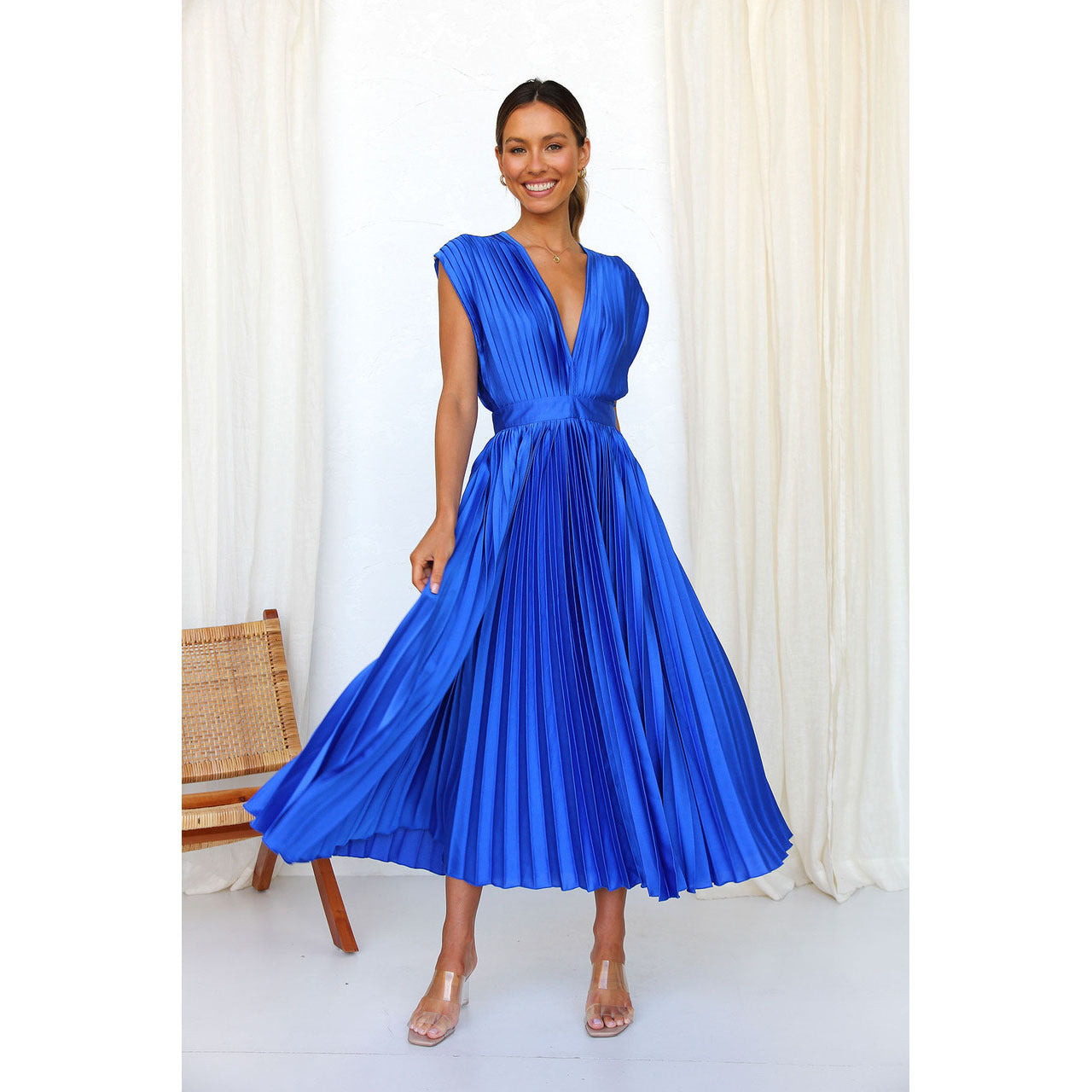 Summer V-neck Pleated Dress INS Fashion Casual Loose Zip Sleeveless Dresses For Women Clothing